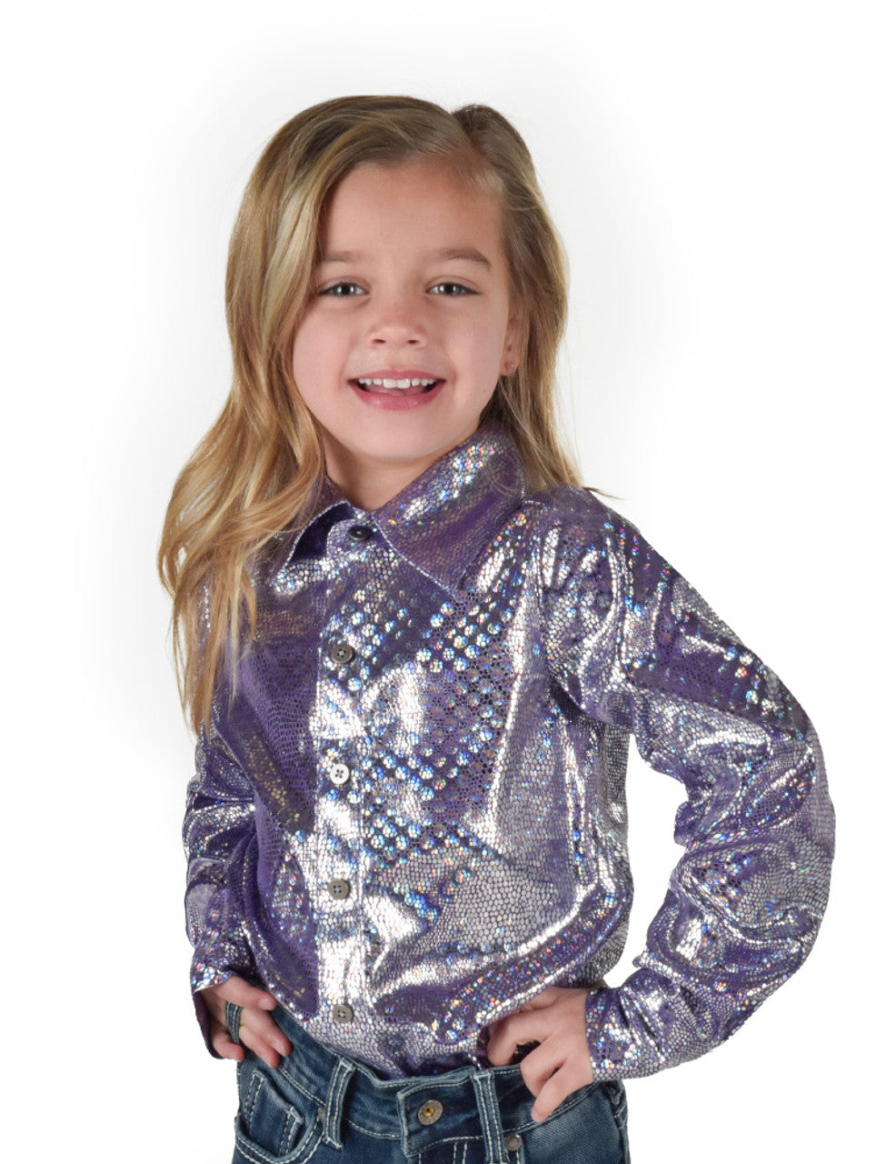 COWGIRL TUFF Girls Pullover Button Up (Purple Iridescent Foil Stretch Jersey)