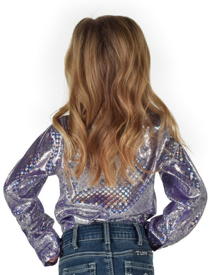 COWGIRL TUFF Girls Pullover Button Up (Purple Iridescent Foil Stretch Jersey)
