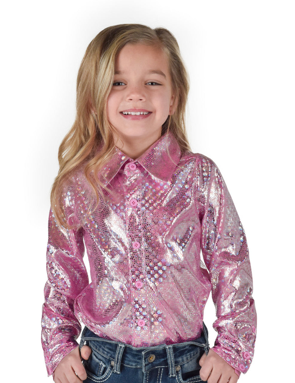 COWGIRL TUFF Girls Hot Pink Iridescent Foil Stretch Jersey  Pullover Button Up