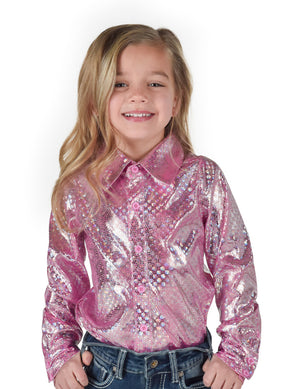 COWGIRL TUFF Girls Hot Pink Iridescent Foil Stretch Jersey  Pullover Button Up