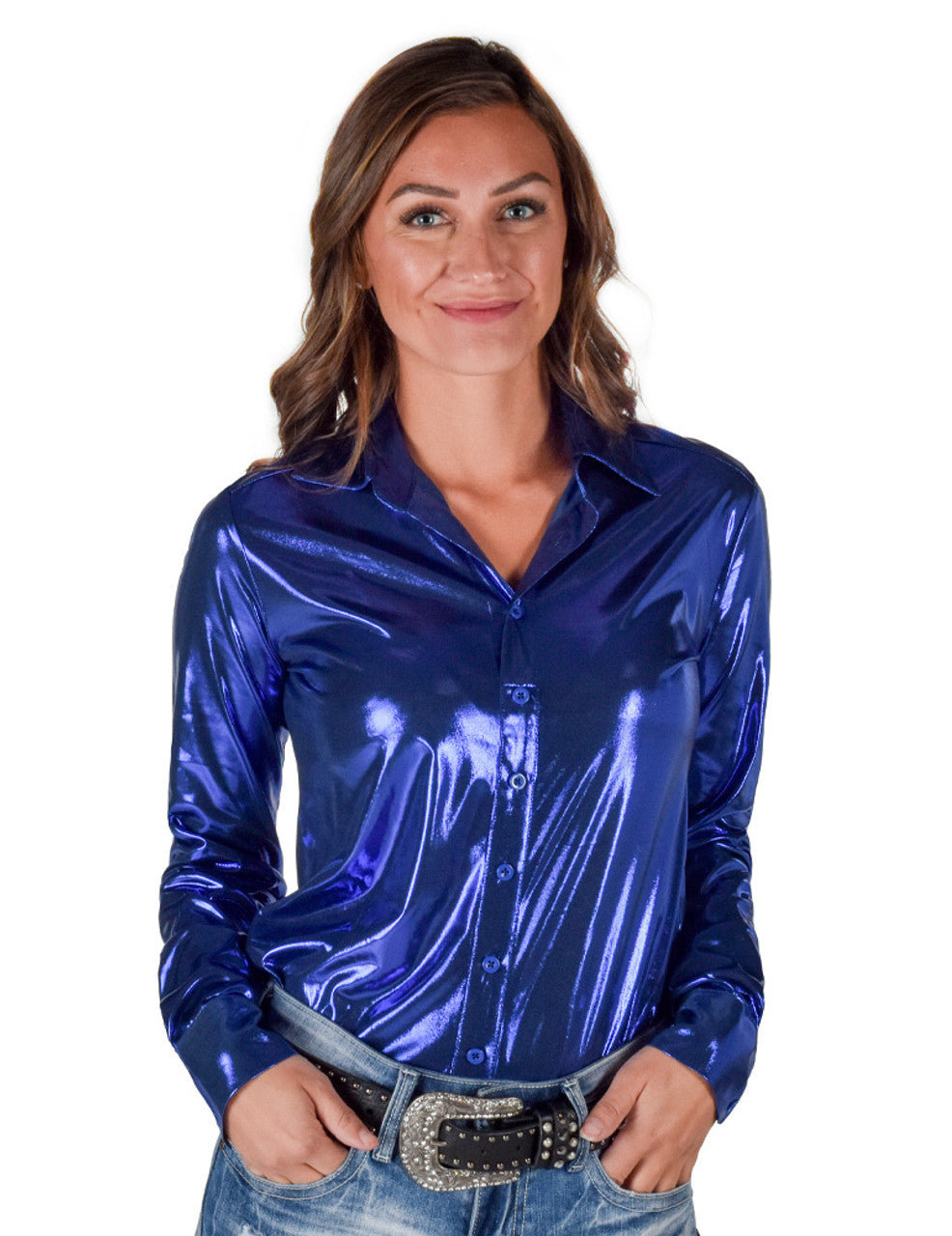 COWGIRL TUFF Pullover Button-Up (Blue Shiny Metallic Lightweight Jersey)
