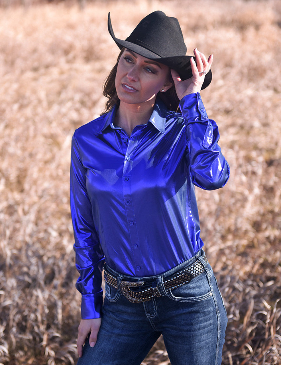 COWGIRL TUFF Pullover Button Up (Blue Shiny Metallic Lightweight Jersey)