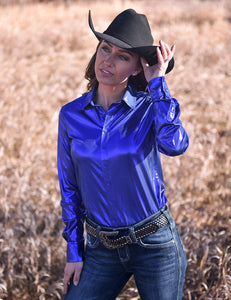 COWGIRL TUFF Pullover Button Up (Blue Shiny Metallic Lightweight Jersey)