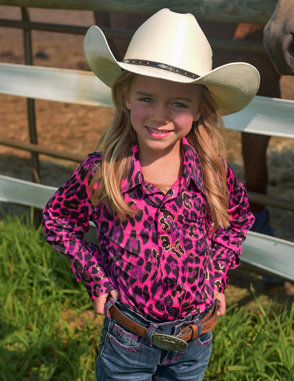 COWGIRL TUFF Girls Hot Pink Leopard Lightweight Stretch Jersey Pullover Button Up