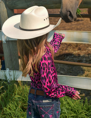 COWGIRL TUFF Girls Hot Pink Leopard Lightweight Stretch Jersey Pullover Button Up