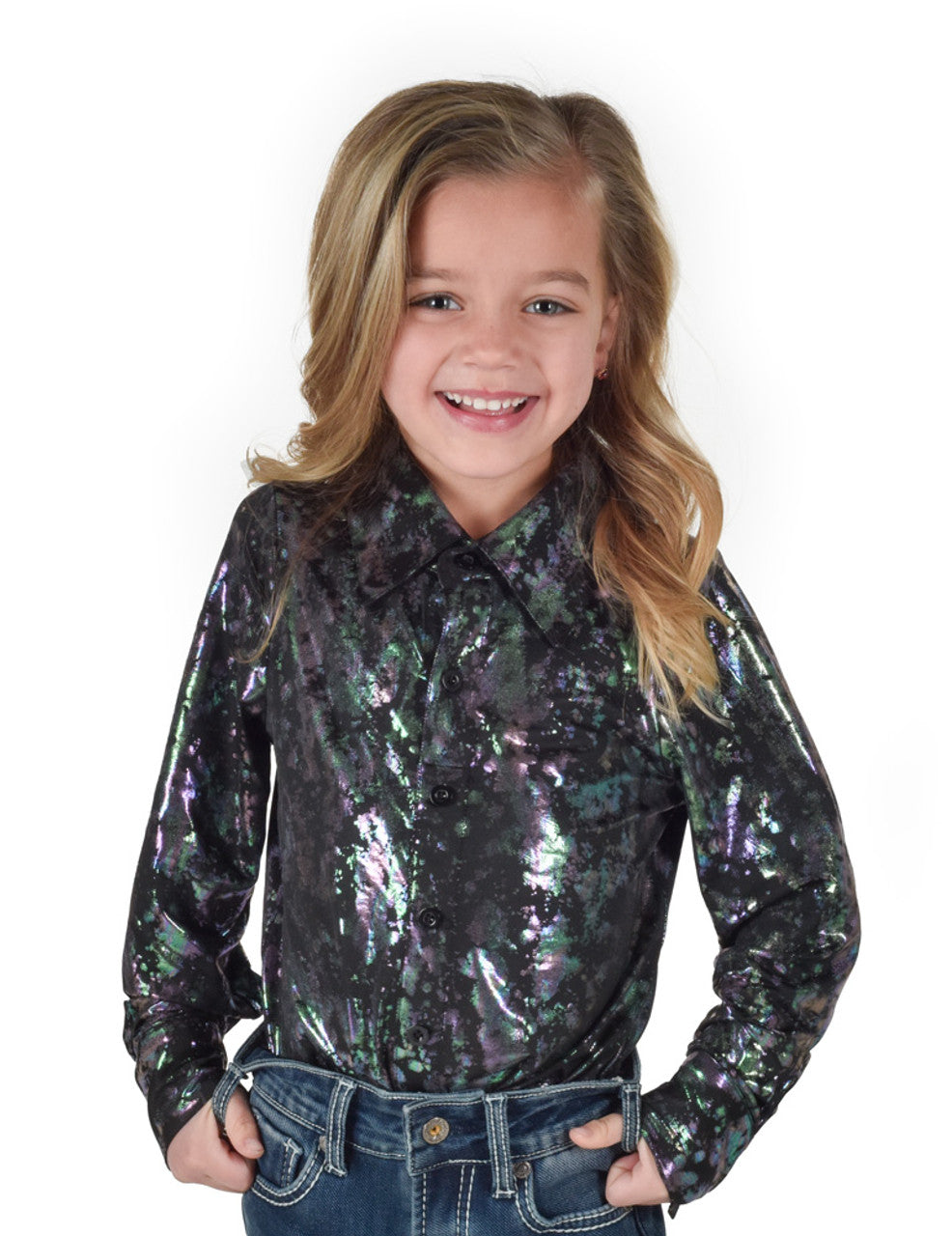 COWGIRL TUFF Girls Black with Splatter Print Lightweight Stretch Jersey Pullover Button Up