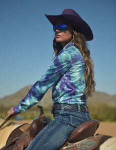 COWGIRL TUFF Turquoise And Purple Cotton Candy Print Lightweight Stretch Jersey Pullover Button Up