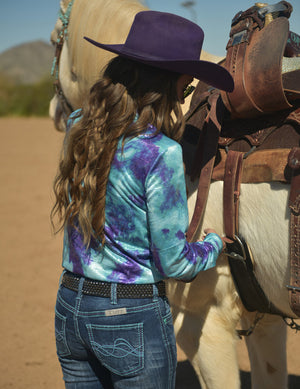 COWGIRL TUFF Turquoise And Purple Cotton Candy Print Lightweight Stretch Jersey Pullover Button Up