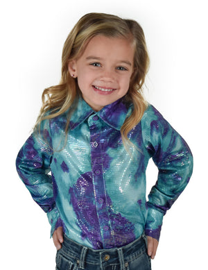 COWGIRL TUFF Girls Turquoise and Purple Cotton Candy Print Lightweight Stretch Jersey Pullover Button Up