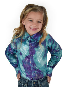 COWGIRL TUFF Girls Turquoise and Purple Cotton Candy Print Lightweight Stretch Jersey Pullover Button Up