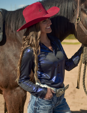 COWGIRL TUFF Sapphire Blue Shimmer Lightweight Stretch Jersey Pullover Button Up