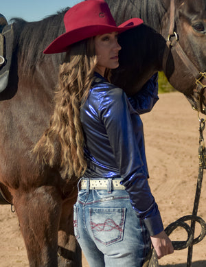 COWGIRL TUFF Sapphire Blue Shimmer Lightweight Stretch Jersey Pullover Button Up