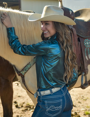 COWGIRL TUFF Turquoise Blue Shimmer Lightweight Stretch Jersey Pullover Button Up