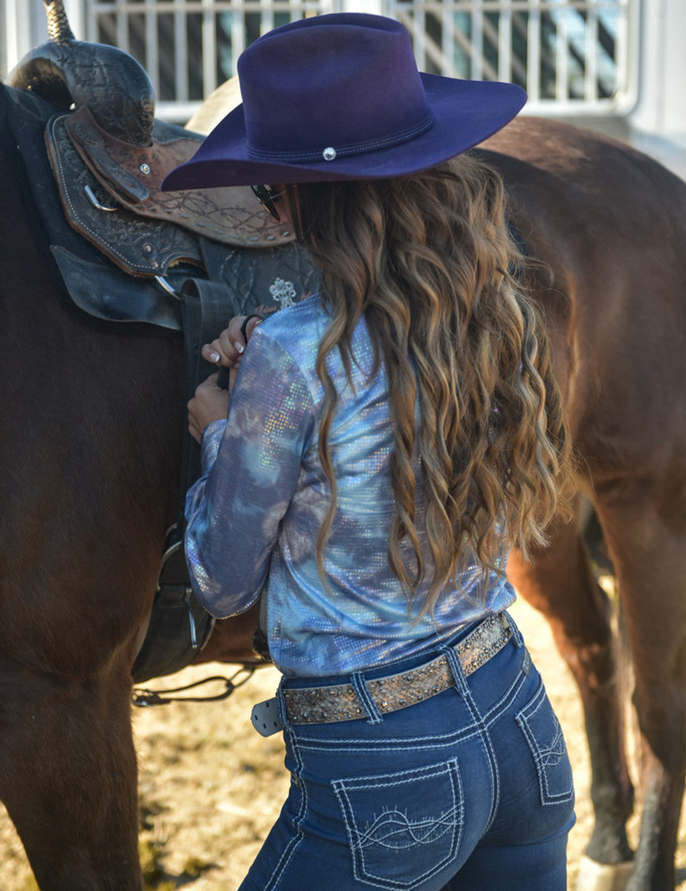 COWGIRL TUFF Blue Cotton Candy Print Lightweight Stretch Jersey Pullover Button Up