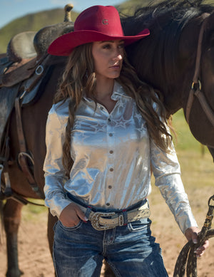 COWGIRL TUFF White With Silver Foil Stars Lightweight Stretch Jersey Pullover Button Up