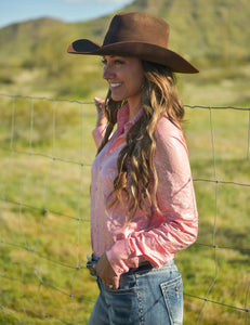 COWGIRL TUFF Peach With Foil Swirls Lightweight Stretch Jersey Pullover Button Up