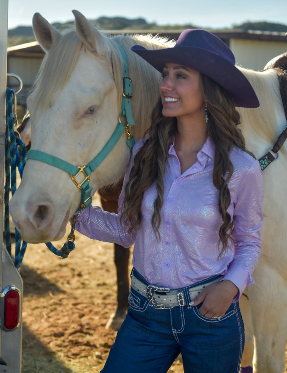 COWGIRL TUFF Lilac With Foil Swirls Lightweight Stretch Jersey Pullover Button Up