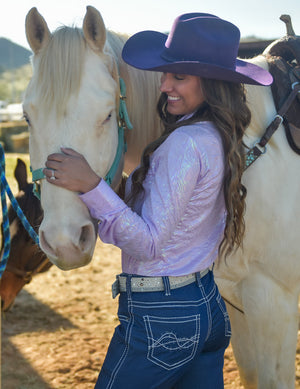 COWGIRL TUFF Lilac With Foil Swirls Lightweight Stretch Jersey Pullover Button Up