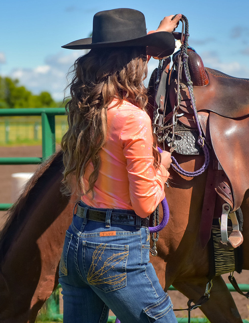 COWGIRL TUFF Tangerine With Foil Lightweight Stretch Jersey Pullover Button Up