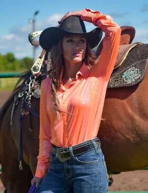 COWGIRL TUFF Tangerine With Foil Lightweight Stretch Jersey Pullover Button Up