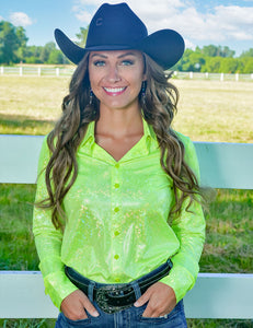 COWGIRL TUFF Neon Yellow With Foil Lightweight Stretch Jersey Pullover Button Up