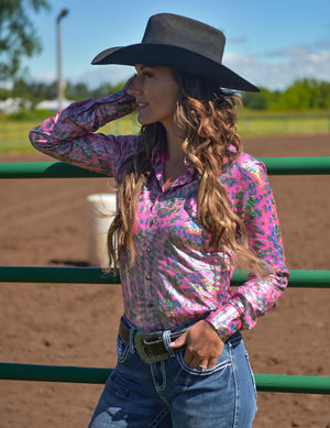 COWGIRL TUFF Hot Pink Leopard Foil Lightweight Stretch Jersey Pullover Button Up