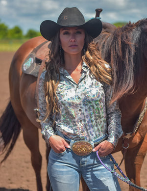 COWGIRL TUFF Gray Leopard Foil Lightweight Stretch Jersey Pullover Button Up