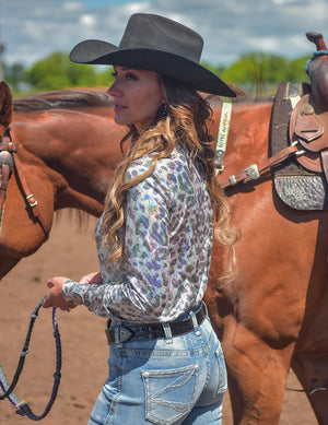 COWGIRL TUFF Gray Leopard Foil Lightweight Stretch Jersey Pullover Button Up