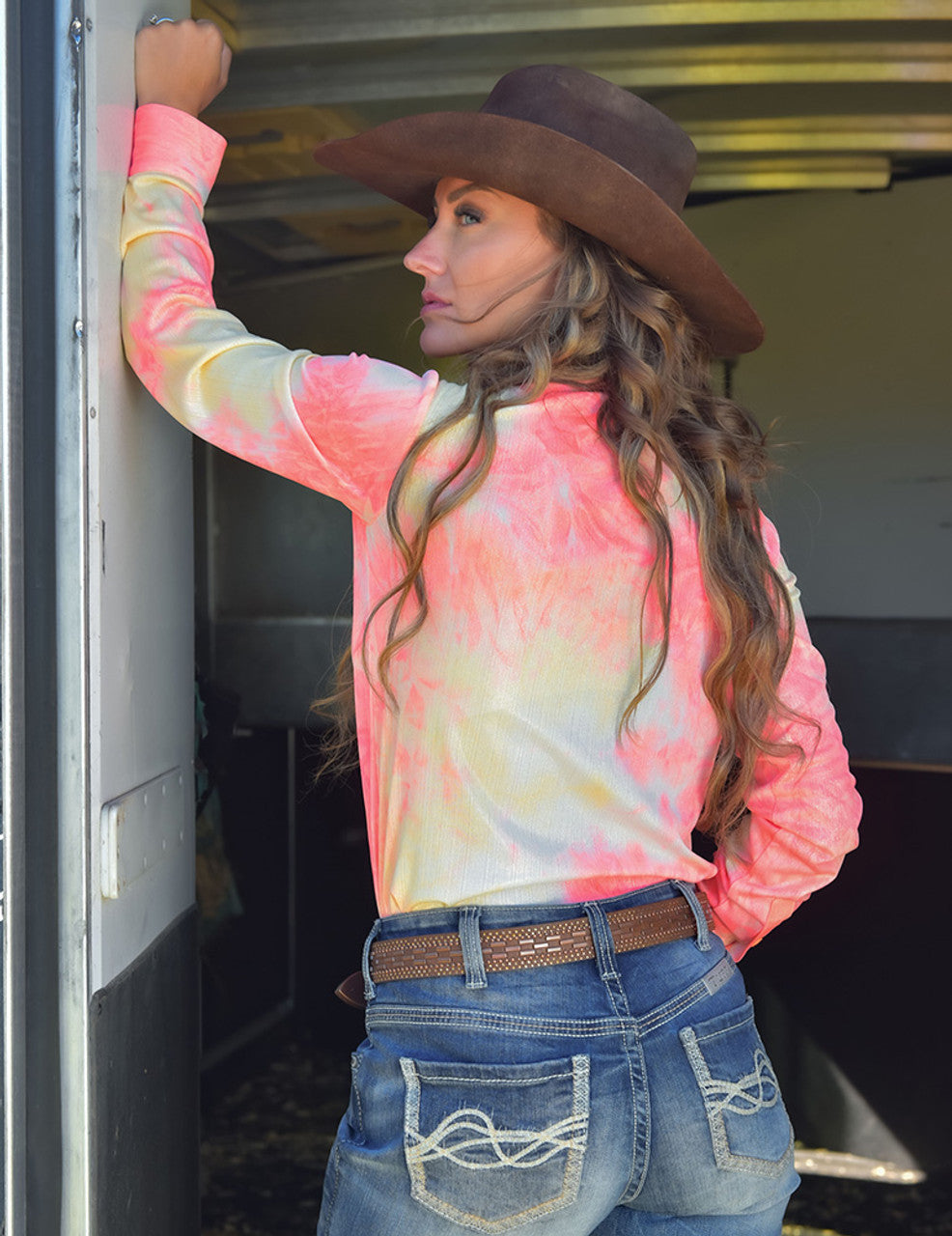 COWGIRL TUFF Pink And Yellow Sherbet Lightweight Stretch Jersey Pullover Button Up