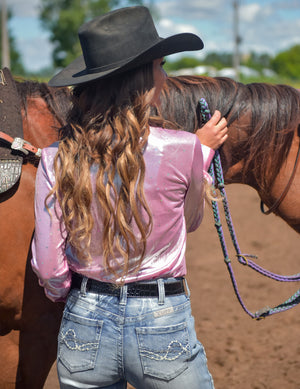 COWGIRL TUFF Pink With Silver Foil Heart and Stars Lightweight Stretch Jersey Pullover Button Up