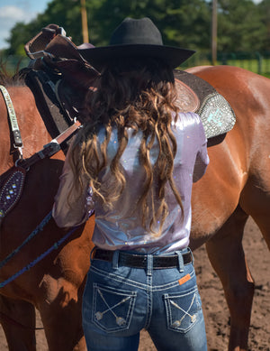 COWGIRL TUFF Lilac With Silver Foil Heart and Stars Lightweight Stretch Jersey Pullover Button Up