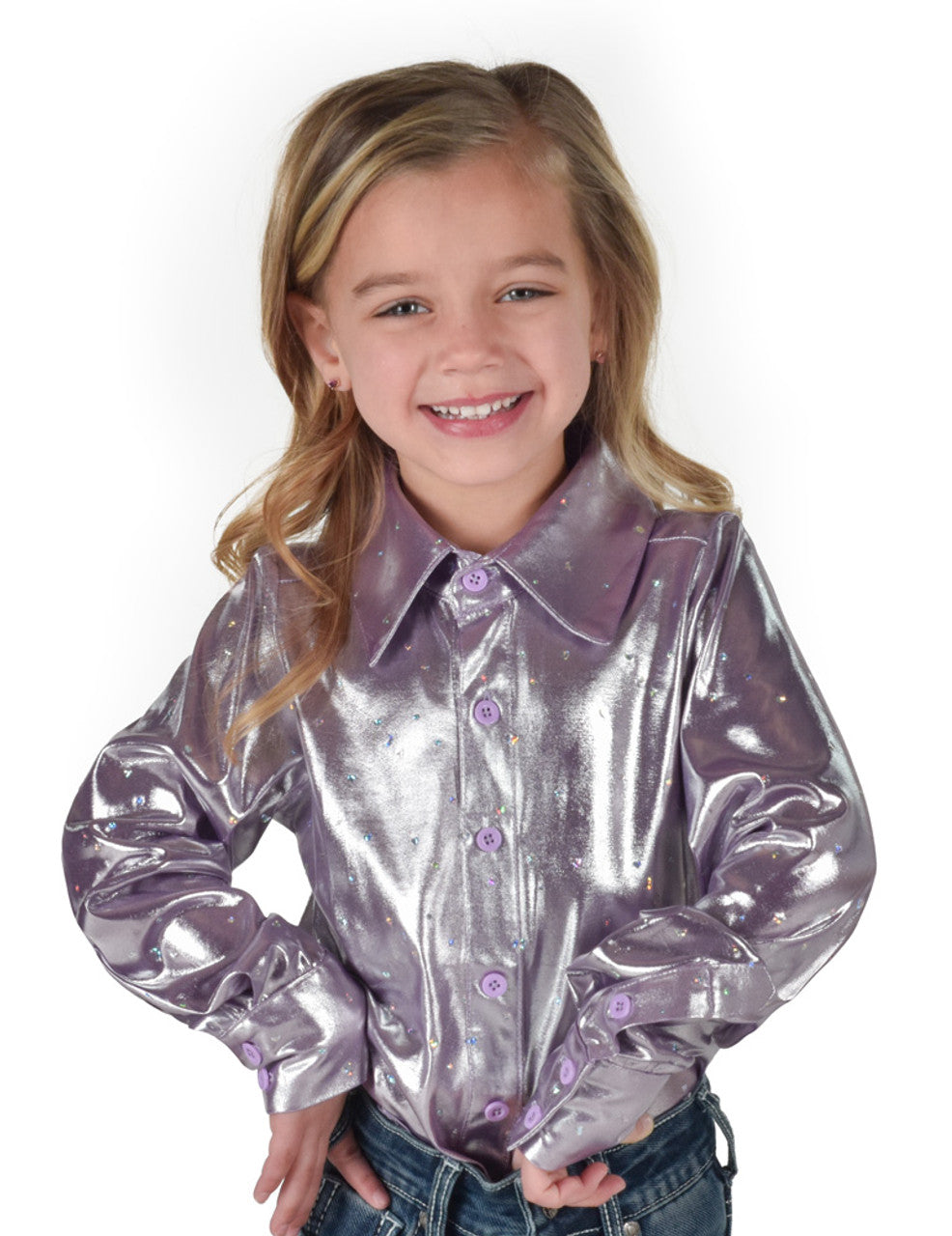 COWGIRL TUFF Girls Lilac With Silver Foil Heart and Stars Lightweight Stretch Jersey Pullover Button Up