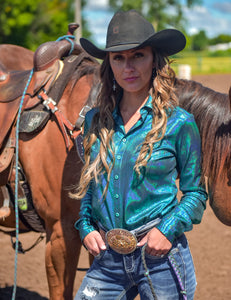 COWGIRL TUFF Turquoise Metallic Shimmer Lightweight Stretch Jersey Pullover Button Up