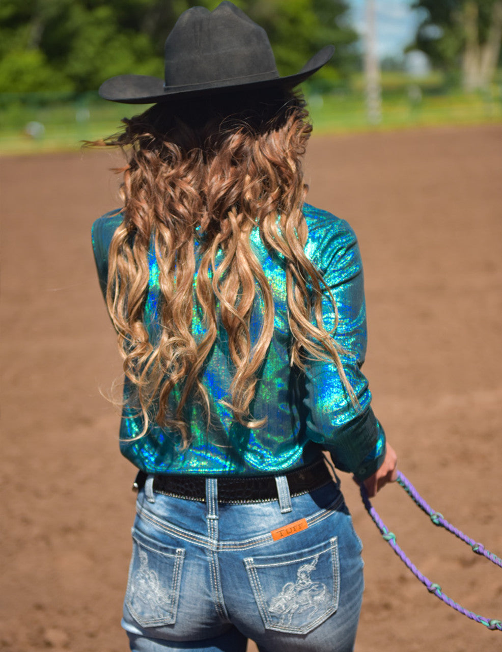 COWGIRL TUFF Turquoise Metallic Shimmer Lightweight Stretch Jersey Pullover Button Up