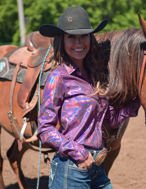 COWGIRL TUFF Fuchsia Metallic Shimmer Lightweight Stretch Jersey Pullover Button Up