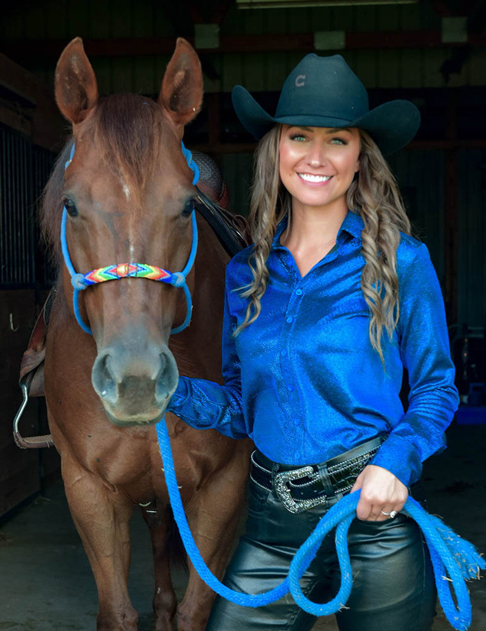 COWGIRL TUFF Sapphire Blue Shimmer Mid-weight Stretch Jersey Pullover Button Up