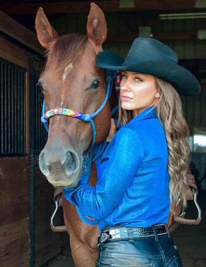 COWGIRL TUFF Sapphire Blue Shimmer Mid-weight Stretch Jersey Pullover Button Up