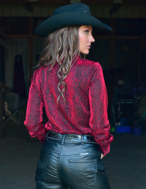 COWGIRL TUFF Red Textured Shimmer Lightweight Stretch Jersey Pullover Button Up