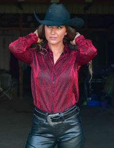 COWGIRL TUFF Red Textured Shimmer Lightweight Stretch Jersey Pullover Button Up