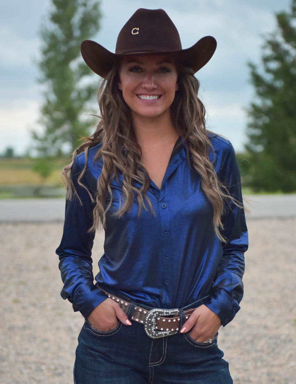 COWGIRL TUFF Dark Sapphire Blue Shimmer Lightweight Stretch Jersey Pullover Button Up