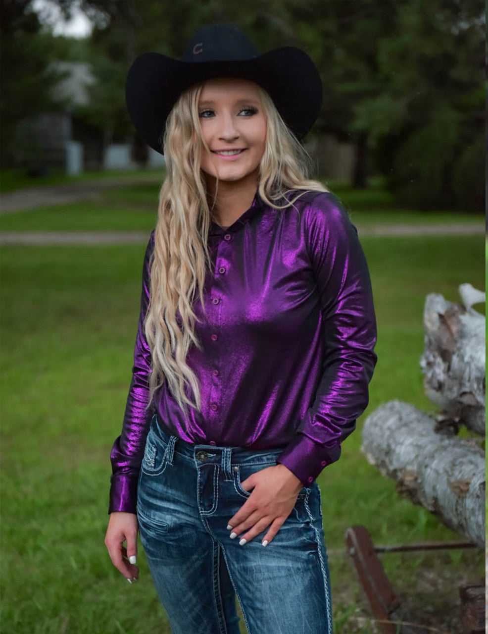 COWGIRL TUFF Dark Purple Shimmer Lightweight Stretch Jersey Pullover Button Up