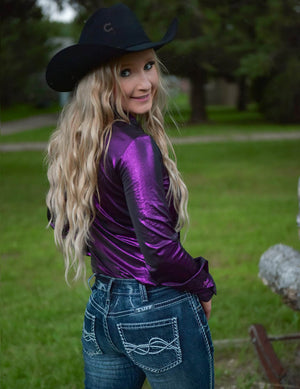 COWGIRL TUFF Dark Purple Shimmer Lightweight Stretch Jersey Pullover Button Up