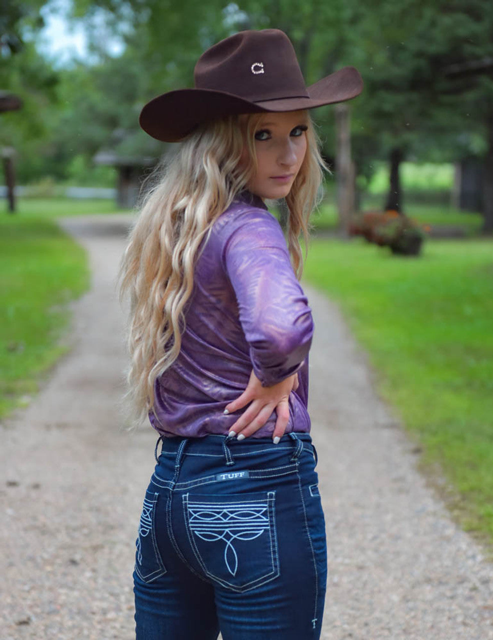 COWGIRL TUFF Purple With Copper Shimmer Lightweight Stretch Jersey Pullover Button Up