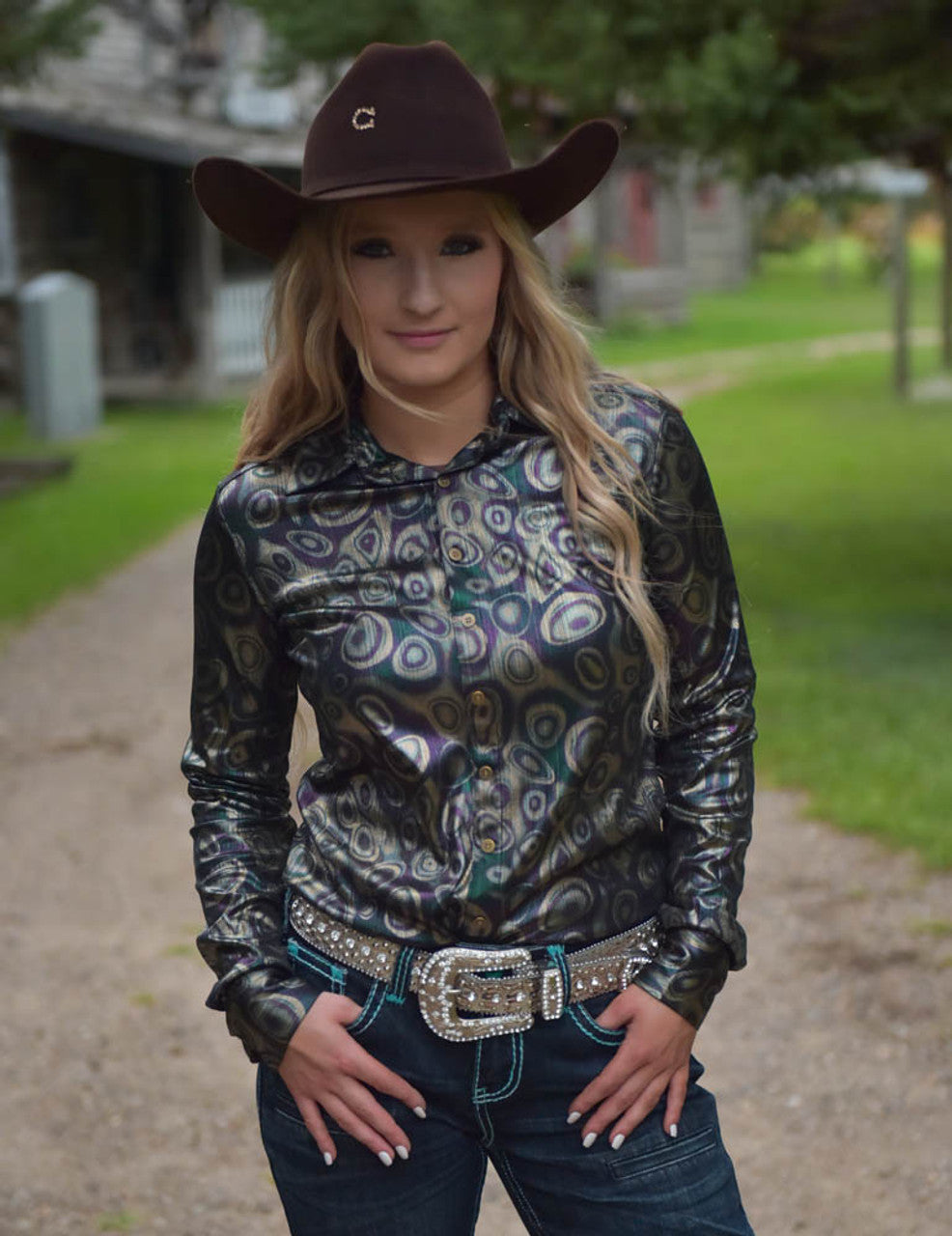 COWGIRL TUFF Dark Purple And Turquoise With Metallic Shimmer Lightweight Stretch Jersey Pullover Button Up