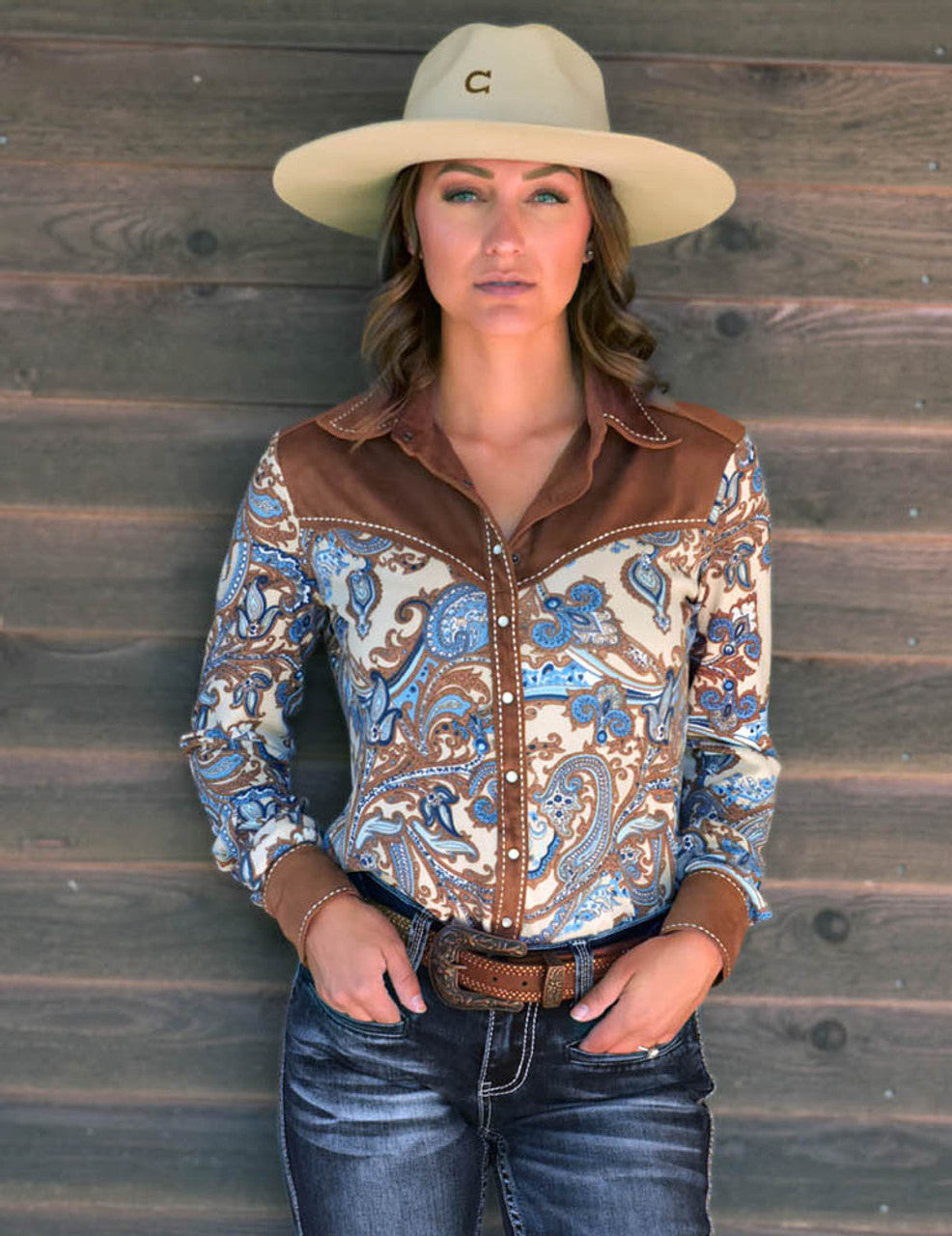 COWGIRL TUFF Paisley Print With Brown Faux Leather Accents Mid-weight Stretch Jersey Pullover Button Up