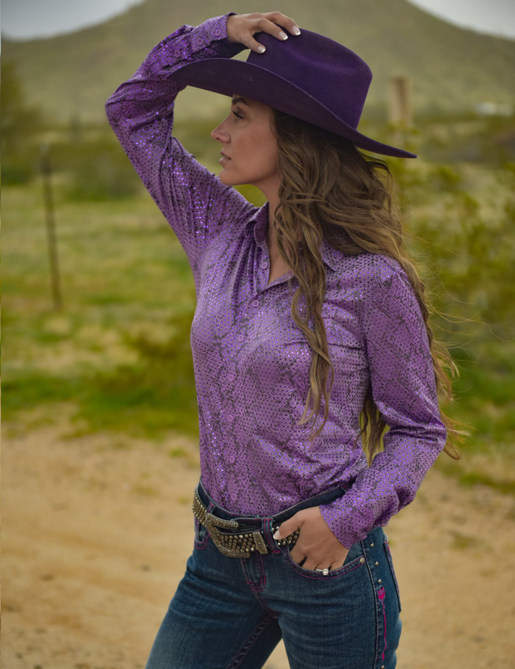 COWGIRL TUFF Purple Snakeskin Metallic Pullover Button-Up