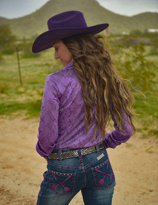 COWGIRL TUFF Purple Snakeskin Metallic Pullover Button-Up