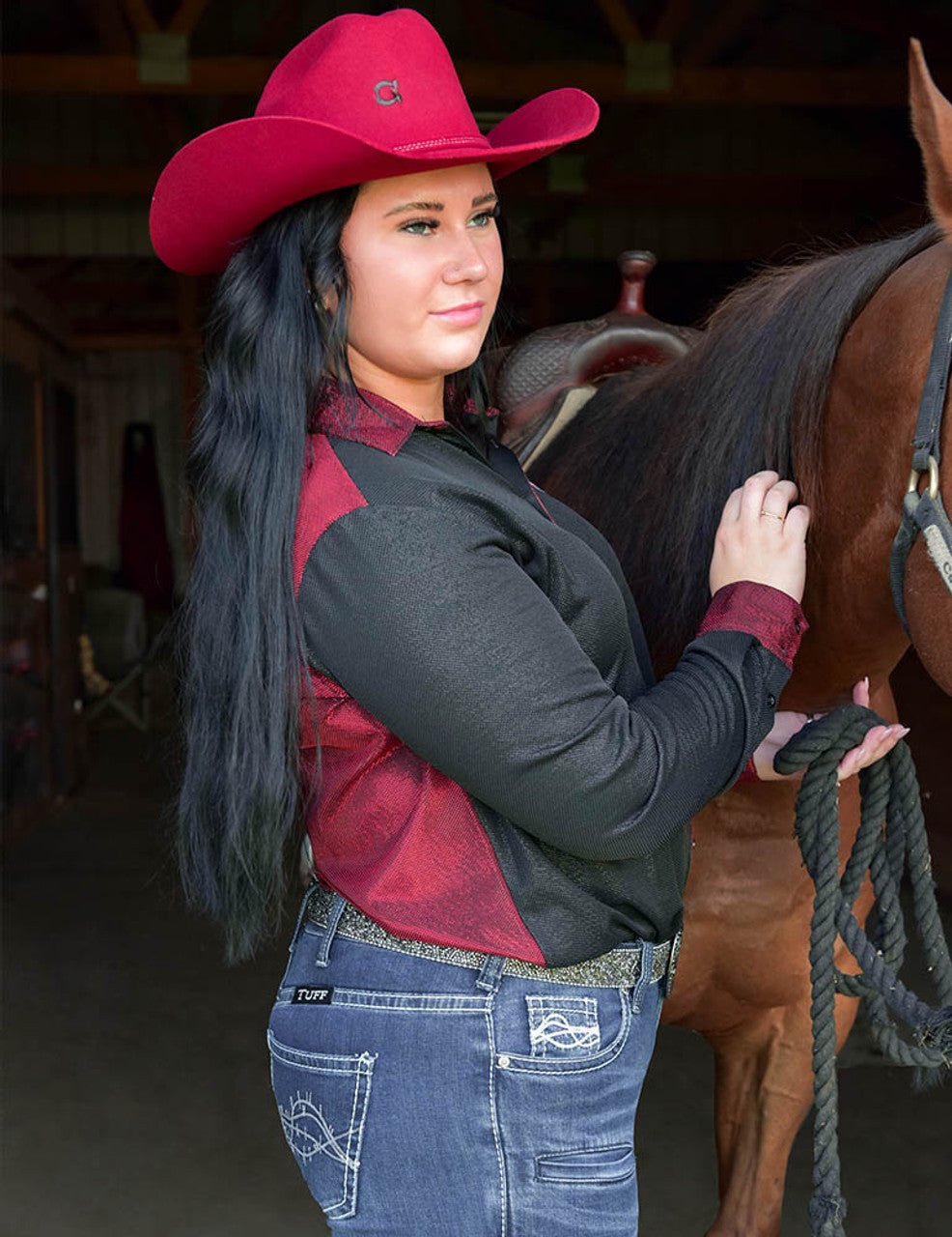 COWGIRL TUFF  Pullover Button Up (Red-Black Metallic Mid-weight Stretch Jersey)