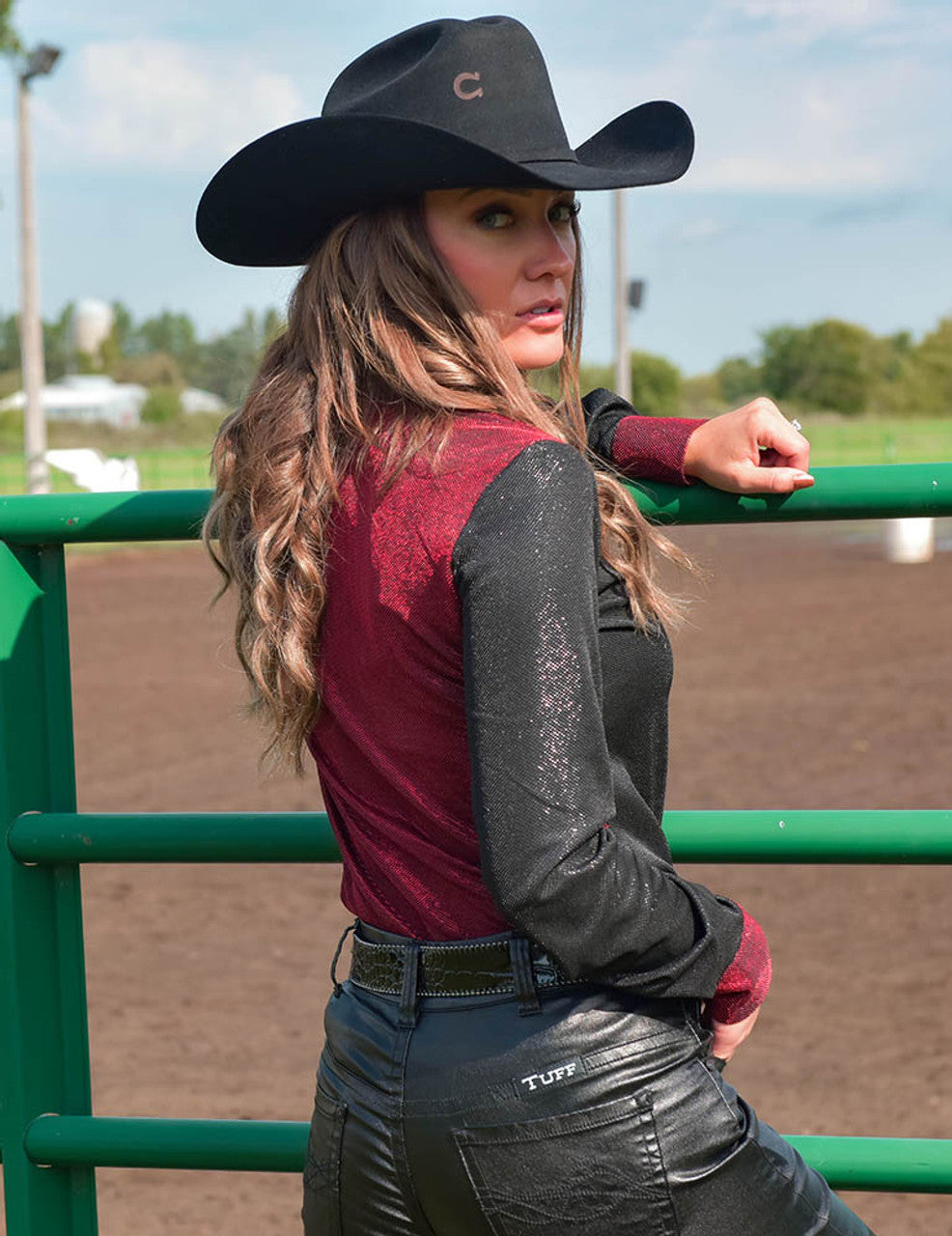 COWGIRL TUFF  Pullover Button Up (Red-Black Metallic Mid-weight Stretch Jersey)