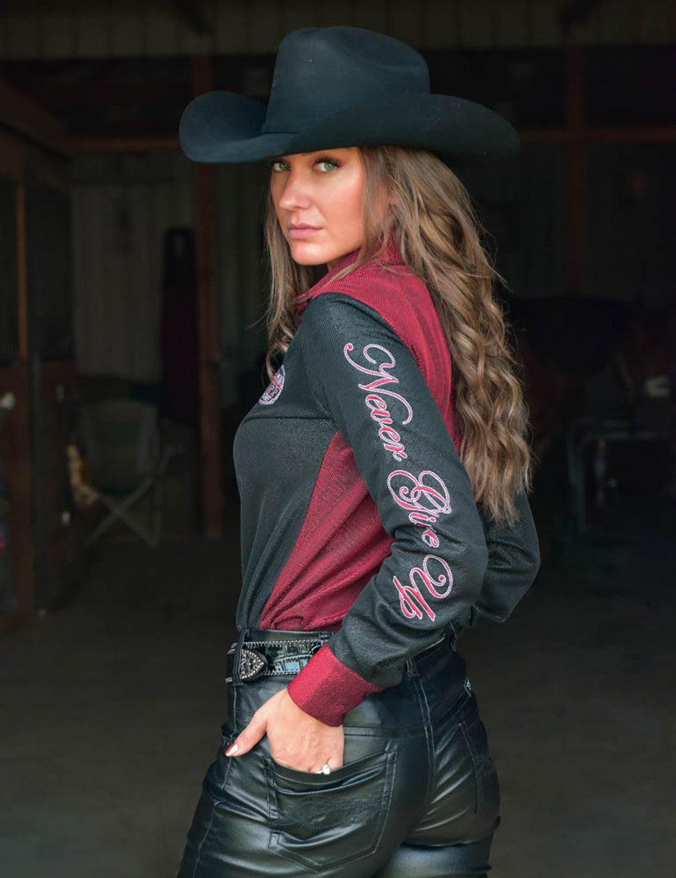 COWGIRL TUFF  Pullover Button Up (Red-Black Metallic Mid-weight Stretch Jersey)